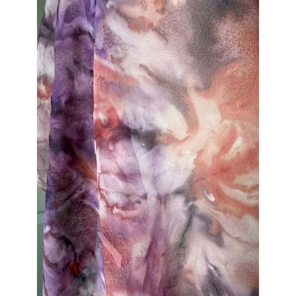 Hand Rolled Silk Chiffon Scarf Purple Pink Watercolor Tie Dye 68x19‎